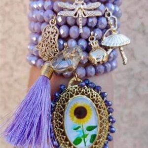 Purple Beaded Charm Bracelet with Gold Accents